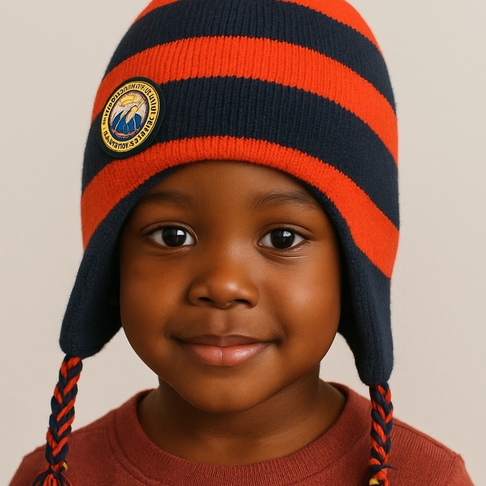 Striped Orange and Navy Blue Boy Beanie with Ear Flaps
